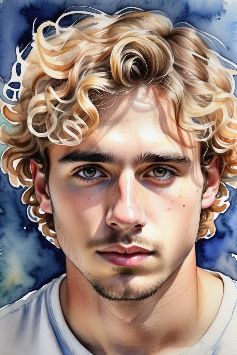 Create a crayon and watercolor painting artwork depicting a 25-year-old Spanish man with fair skin and short, tightly curled blonde hair. The focus should be a close-up of his face from a frontal view. Use crayon to bring texture and definition to the details of his curly hair and facial features, while watercolor provides a soft and fluid base for the skin tones and background. The combination of techniques should create a contrast between the rich texture of the crayon and the translucent lightness of the watercolor, highlighting the harmony of his appearance.


















