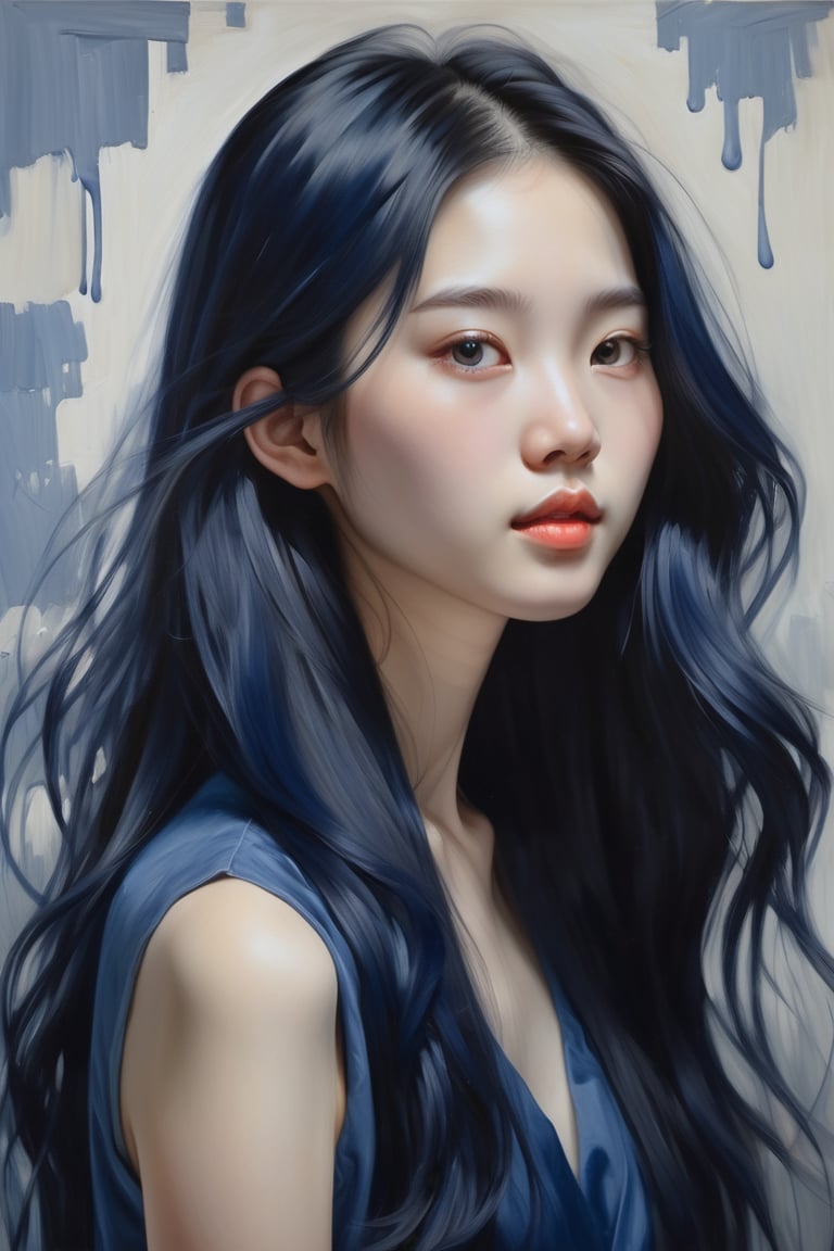  Create an oil painting artwork depicting a beautiful 20-year-old Chinese woman with fair skin and long, loose navy blue hair. The focus should be a close-up of her face from a frontal view. Use the richness and depth of oil painting to capture the details of her pale skin and the softness of her loose hair. The navy blue color of her hair should stand out elegantly, creating a subtle and sophisticated contrast with her skin tone, while textured brushstrokes add realism and depth to the composition.












