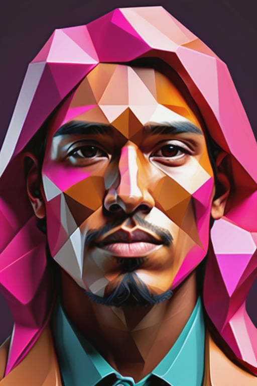 Create a polygonal-style artwork, depicting a 30-year-old Bolivian man with caramel skin and long, straight pink hair. The focus should be a close-up of his face from a frontal view. Use polygonal geometric shapes to sculpt his features with precision and modernity. His long pink hair should stand out against his caramel skin tone, creating a bold and expressive composition, where angular shapes bring a contemporary and stylized feel.