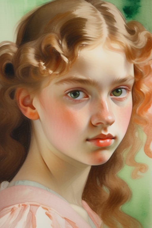 A close-up portrait of a beautiful 17-year-old Russian woman with caramel skin and tightly curled hair, front view, in watercolor on canvas style, using a delicate palette of soft pinks, warm oranges, and light greens with smooth, fluid textures. Artists: Winslow Homer, John Singer Sargent, Georgia O'Keeffe.