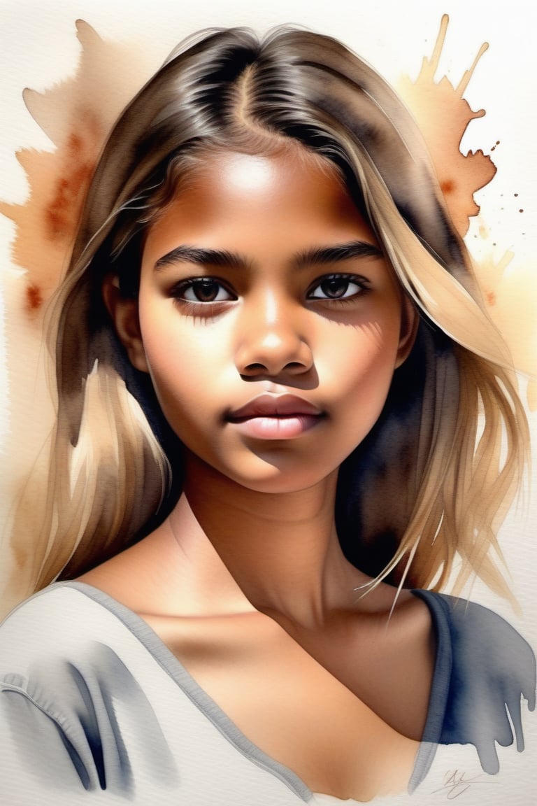 Create a watercolor artwork depicting a beautiful 15-year-old Mexican girl with dark skin and short, straight blonde hair. The focus should be a close-up of her face from a frontal view. Use the softness and transparency of watercolor to capture the delicacy of her features, contrasting the depth of her dark skin with the brightness of her blonde hair. The piece should convey a sense of lightness and freshness, with gentle brushstrokes that highlight her natural beauty and the harmony between her skin tone and hair color.