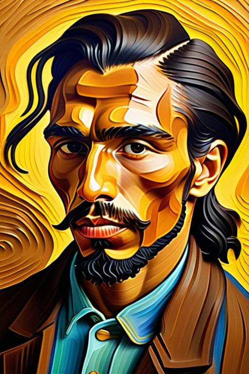 Create an artwork in the style of Vincent Van Gogh, depicting a 26-year-old Mexican man with caramel skin and long, straight hair. The focus should be a close-up of his face from a frontal view. Use the strong and vibrant brushstrokes typical of Van Gogh to capture the texture of his hair and the depth of his features, highlighting the contrasts of light and shadow. The piece should convey a sense of movement and emotion, with intense colors and expressive strokes that bring out the subject's personality, reflecting Van Gogh's unmistakable style.