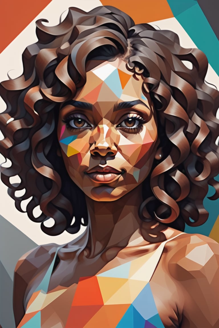 Create a polygonal and gouache-style artwork depicting a beautiful 45-year-old Paraguayan woman with dark skin and loose, curly hair. The focus should be a close-up of her face from a frontal view. Use polygonal geometric shapes to sculpt her features, creating a bold and modern angular structure, while gouache brings depth and softness to the textures of her skin and curly hair. The composition should balance the precision of the polygonal style with the vibrant richness of gouache colors, highlighting the strength and elegance of her expression.














