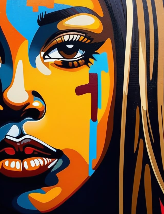  A graffiti art style on canvas of a beautiful 14-year-old Nigerian girl with caramel skin tone and long, straight hair, close-up of her face, front view. (((intricate details))), (((best quality))), (((extreme detail quality))), (((complex composition))), in the style of Banksy, Jean-Michel Basquiat, Shepard Fairey.

