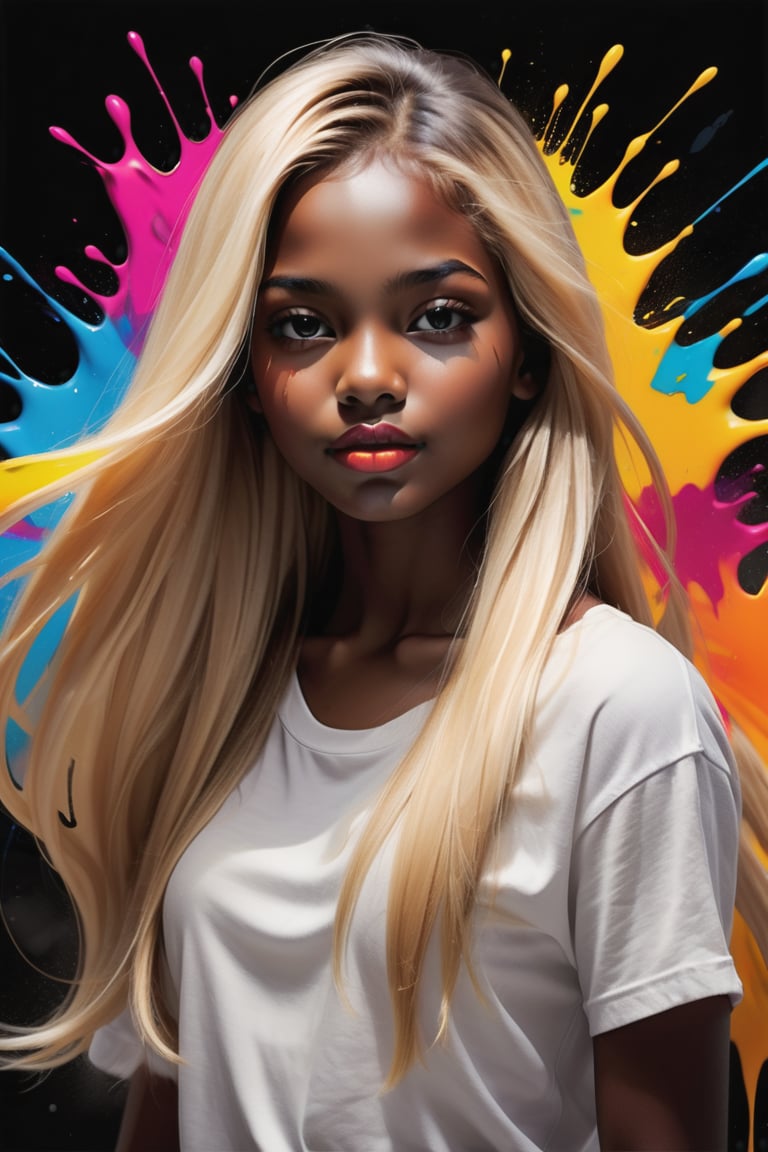 Create a color splash-style artwork depicting a beautiful 15-year-old Honduran girl with dark skin, full lips, and long, straight blonde hair. The focus should be a close-up of her face from a frontal view. Use vibrant bursts of color to capture the liveliness of her features, with dynamic splashes highlighting the contrast between the smoothness of her dark skin and the brightness of her long blonde hair. The piece should convey a sense of energy and expressiveness, with bold brushstrokes that emphasize her natural beauty and the visual impact of the composition.