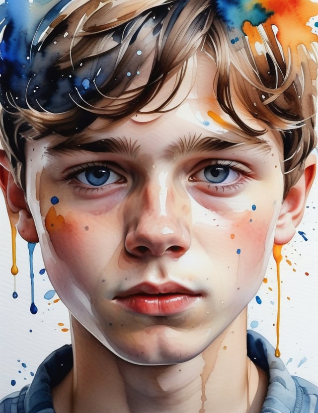 A splash watercolor art style of a 15-year-old Russian boy with fair skin and short, wavy hair, close-up of his face, front view. (((intricate details))), (((best quality))), (((extreme detail quality))), (((complex composition))), in the style of Marion Bolognesi, Agnes Cecile, Elena Romanova.