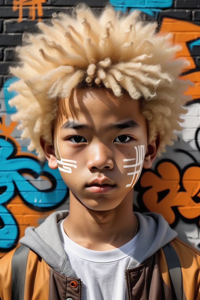 Create a graffiti-style artwork on a wall, depicting a 14-year-old Chinese boy with caramel skin and short, blonde afro hair. The focus should be a close-up of his face from a frontal view. Use the urban aesthetic of graffiti to capture the texture of his blonde afro and the details of his features, with bold lines and contrasting shading that emphasize his youthful expression. The piece should convey a sense of modernity and cultural diversity, with strong strokes and a dynamic approach that integrates the portrait into the urban environment.






