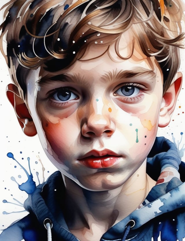 A splash watercolor art style of a 15-year-old Russian boy with fair skin and short, wavy hair, close-up of his face, front view. (((intricate details))), (((best quality))), (((extreme detail quality))), (((complex composition))), in the style of Marion Bolognesi, Agnes Cecile, Elena Romanova.