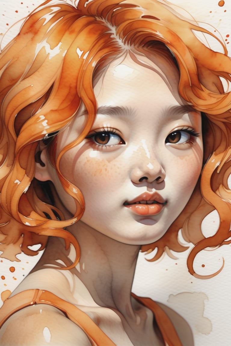  Create a watercolor artwork with soft gouache, depicting a beautiful 25-year-old Korean woman with fair skin and short, tightly curled orange hair. The focus should be a close-up of her face from a frontal view. Use the lightness and fluidity of watercolor to create a soft base, while gouache adds touches of texture and depth to her features. Her curly orange hair should stand out vibrantly against her fair skin, bringing balance and harmony to the composition.