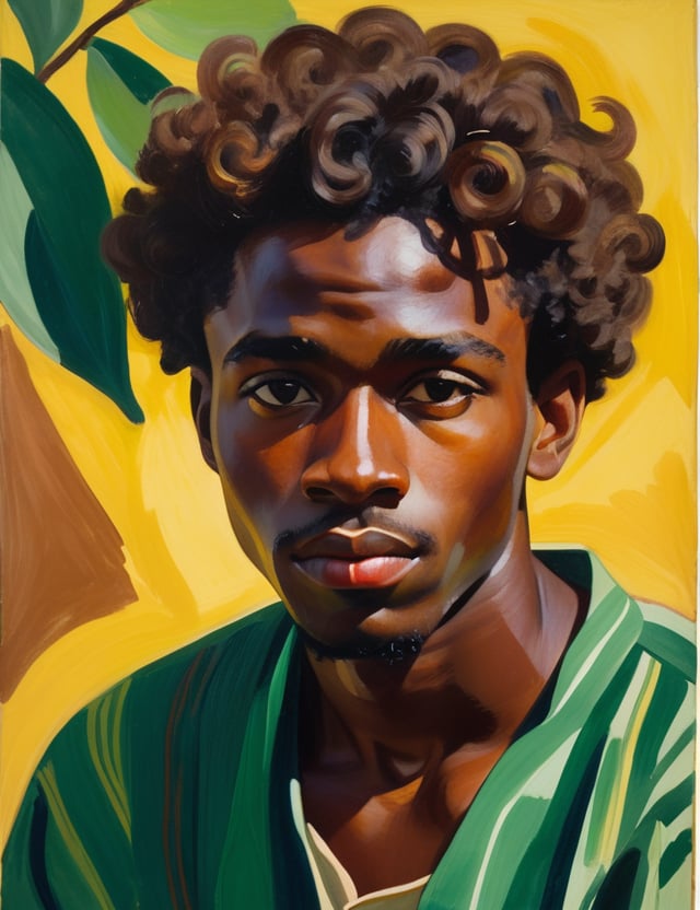 A close-up portrait of a 24-year-old Nigerian man with dark skin and short, curly hair, serious expression, front view, in gouache style, using a rich palette of deep browns, warm yellows, and subtle greens with smooth, matte textures. Artists: Mary Blair, John Singer Sargent, Henri Matisse.