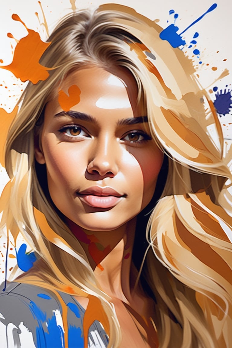  Create a gouache-style artwork with color splashes, depicting a beautiful 30-year-old Russian woman with caramel skin and long, straight blonde hair. The focus should be a close-up of her face from a frontal view. Use gouache to bring texture and depth to her features, while vibrant color splashes add dynamism and movement to the composition. Her long blonde hair should contrast elegantly with her caramel skin tone, creating a vibrant and expressive piece.