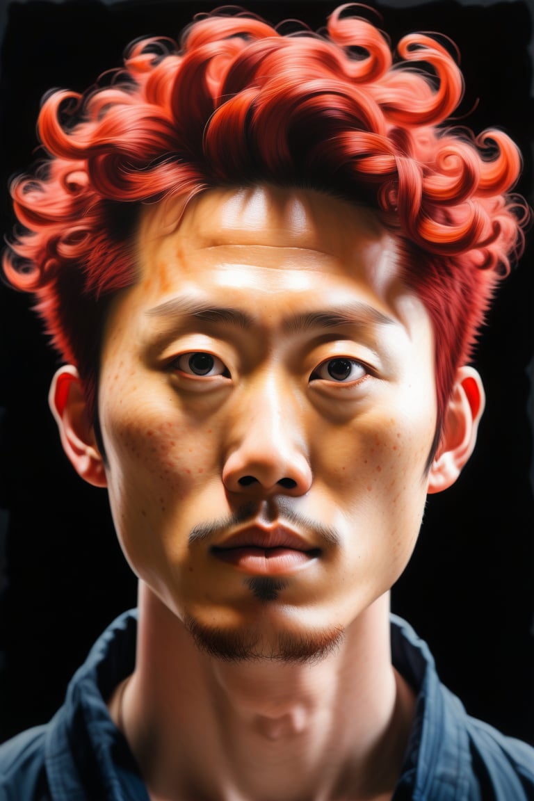 Create a gouache artwork depicting a 30-year-old Japanese man with fair skin and short, curly red hair. The focus should be a close-up of his face from a frontal view. Use the vividness and intensity of gouache colors to capture the texture of his curly hair and the details of his facial features, contrasting the light skin with the vibrant shine of his red hair. The piece should convey a sense of boldness and modernity, with expressive brushstrokes that emphasize the strong and unique personality of the subject.