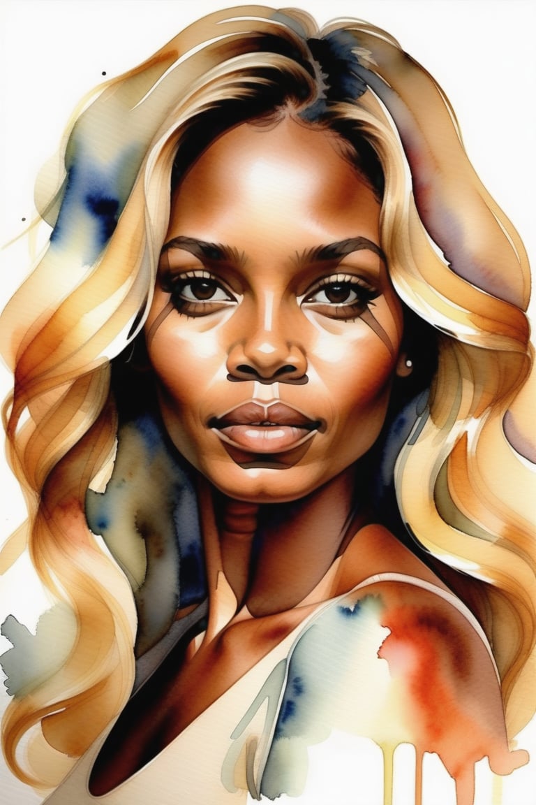 Create a watercolor artwork depicting a beautiful 35-year-old Angolan woman with tan skin and full, wavy blonde hair. The focus should be a close-up of her face from a frontal view. Use the lightness and fluidity of watercolor to capture the softness of her skin and the voluminous texture of her blonde hair, creating a delicate contrast between the warm tones of her skin and the brightness of her hair. The piece should convey a sense of elegance and naturalness, with soft brushstrokes that highlight the expressiveness of her face and the richness of the colors.






