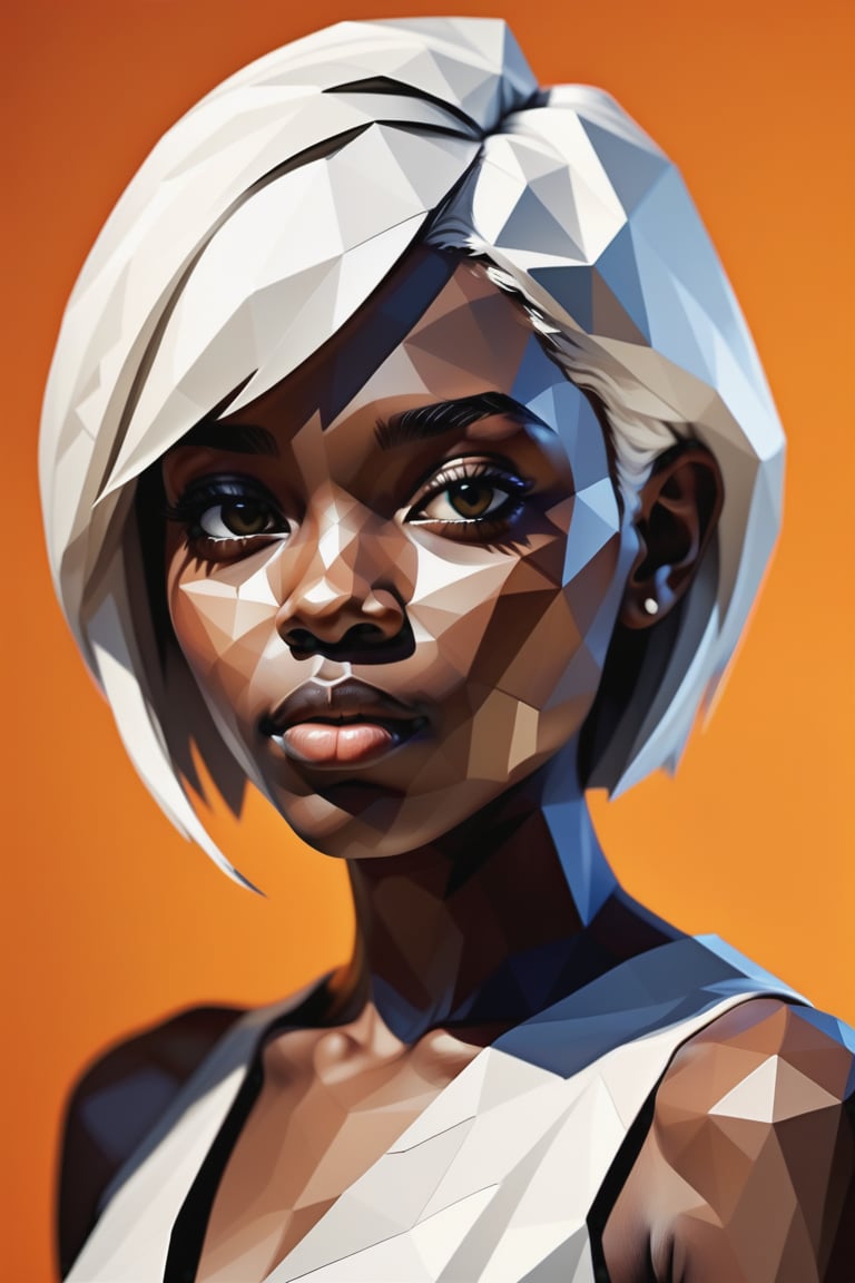 Create a polygonal artwork depicting a beautiful 16-year-old Nigerian girl with dark skin and short, straight white hair. The focus should be a close-up of her face from a frontal view. Use geometric shapes and distinct angles to capture her features with precision, highlighting the contrast between the depth of her dark skin and the brightness of her white hair. The piece should convey a sense of modernity and strength, with sharp lines and angular facets that create a visually intriguing and unique composition.






