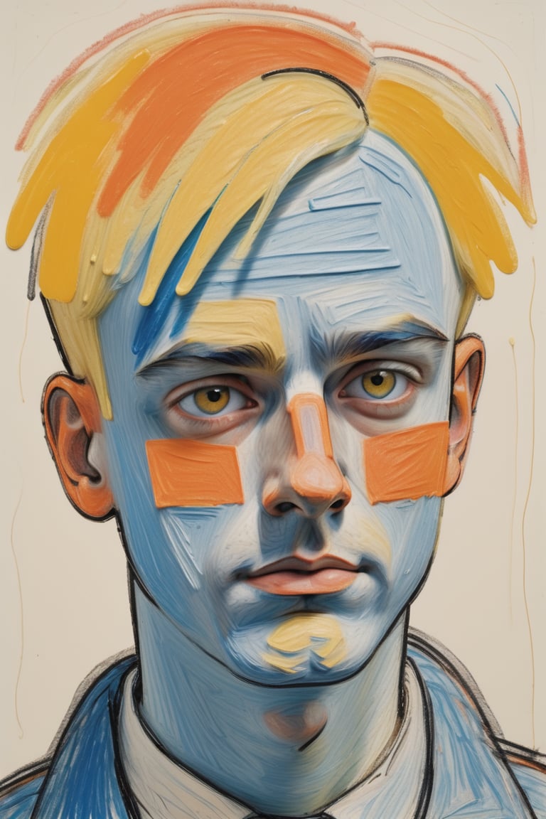 A close-up portrait of a 25-year-old Dutch man with fair skin and short, straight blonde hair, front view, in wax crayon style, using a vibrant color palette of soft yellows, light blues, and warm oranges with textured, layered strokes typical of wax crayons. Artists: Jean Dubuffet, Cy Twombly, Joan Miró.