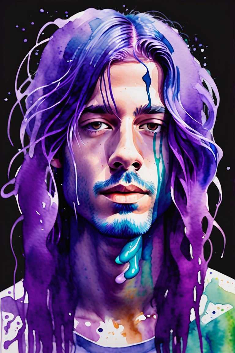 Create a watercolor and gouache artwork with color splashes, depicting a 23-year-old Portuguese man with fair skin and long, straight purple hair. The focus should be a close-up of his face from a frontal view. Use the lightness and fluidity of watercolor to craft a soft background, paired with the intensity and vibrancy of gouache to highlight his facial features and purple hair. Add dynamic splashes of color to infuse energy into the composition, creating a vibrant contrast that emphasizes the uniqueness of the portrait.






