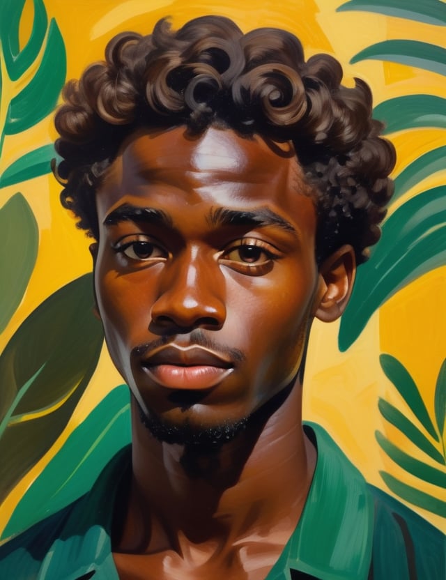 A close-up portrait of a 24-year-old Nigerian man with dark skin and short, curly hair, serious expression, front view, in gouache style, using a rich palette of deep browns, warm yellows, and subtle greens with smooth, matte textures. Artists: Mary Blair, John Singer Sargent, Henri Matisse.