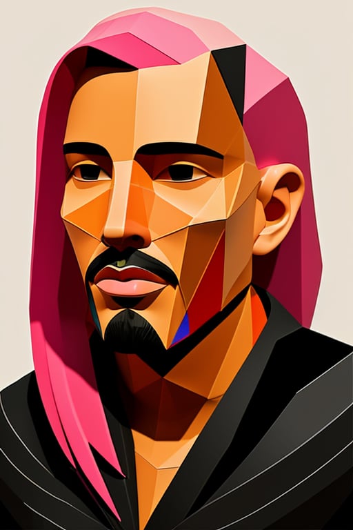 Create a polygonal-style artwork, depicting a 30-year-old Bolivian man with caramel skin and long, straight pink hair. The focus should be a close-up of his face from a frontal view. Use polygonal geometric shapes to sculpt his features with precision and modernity. His long pink hair should stand out against his caramel skin tone, creating a bold and expressive composition, where angular shapes bring a contemporary and stylized feel.