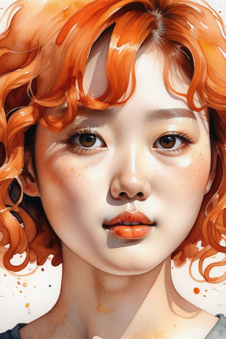  Create a watercolor artwork with soft gouache, depicting a beautiful 25-year-old Korean woman with fair skin and short, tightly curled orange hair. The focus should be a close-up of her face from a frontal view. Use the lightness and fluidity of watercolor to create a soft base, while gouache adds touches of texture and depth to her features. Her curly orange hair should stand out vibrantly against her fair skin, bringing balance and harmony to the composition.