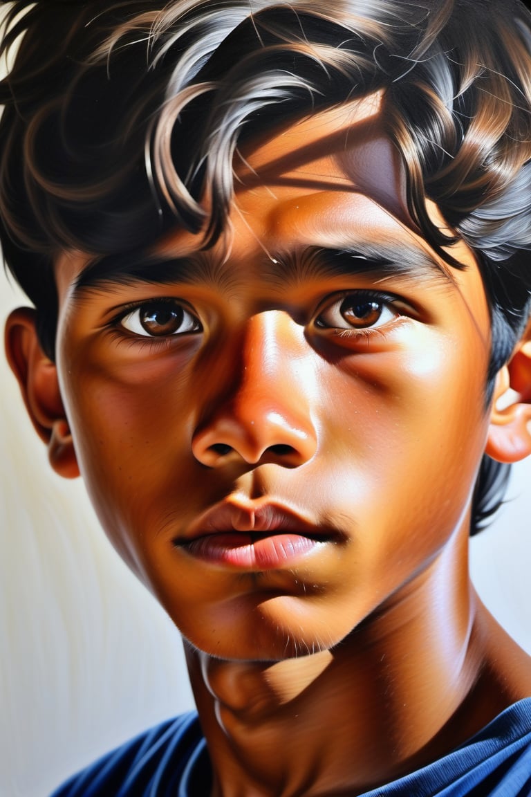  Create a gouache artwork on canvas depicting a 15-year-old Bolivian boy with caramel skin and tightly curled black hair. The focus should be a close-up of his face from a frontal view. Use the depth and vividness of gouache colors to capture the texture of his hair and the smoothness of his caramel skin, highlighting the nuances and contrasts of light and shadow. The piece should convey a sense of youth and inner strength, with precise brushstrokes that emphasize the expression of his face and the intensity of his features.





