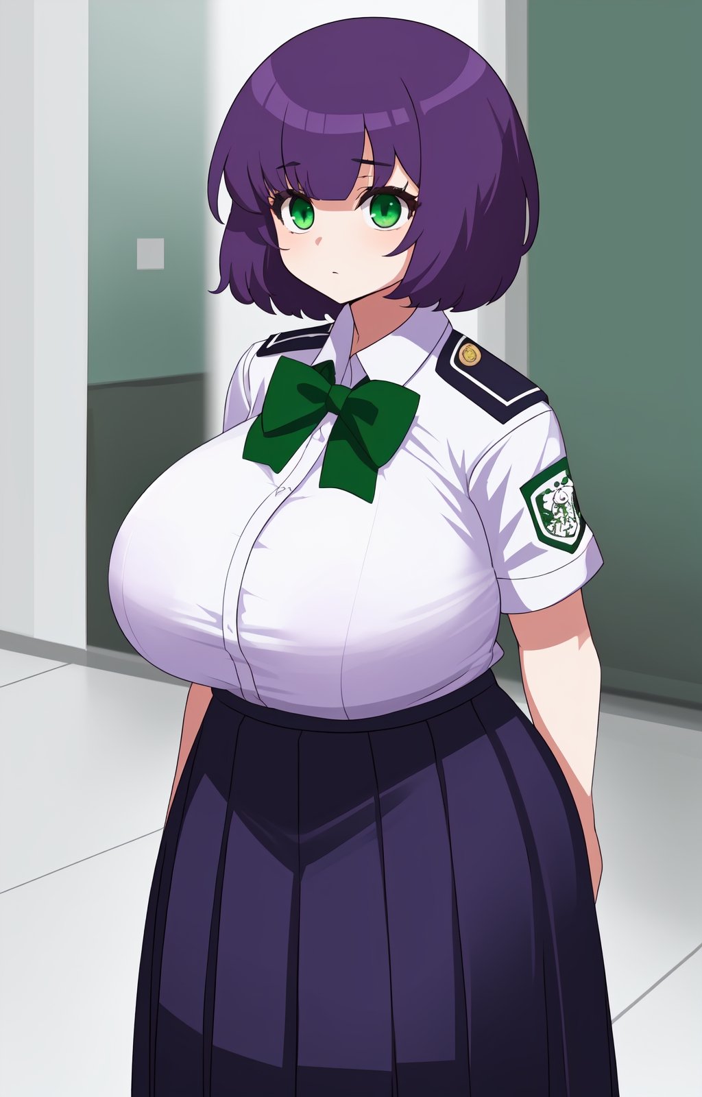 short-hair, purple_hair, green_eyes, uniform_green, long skirt, big_breast, school_uniforms, fat, whole body