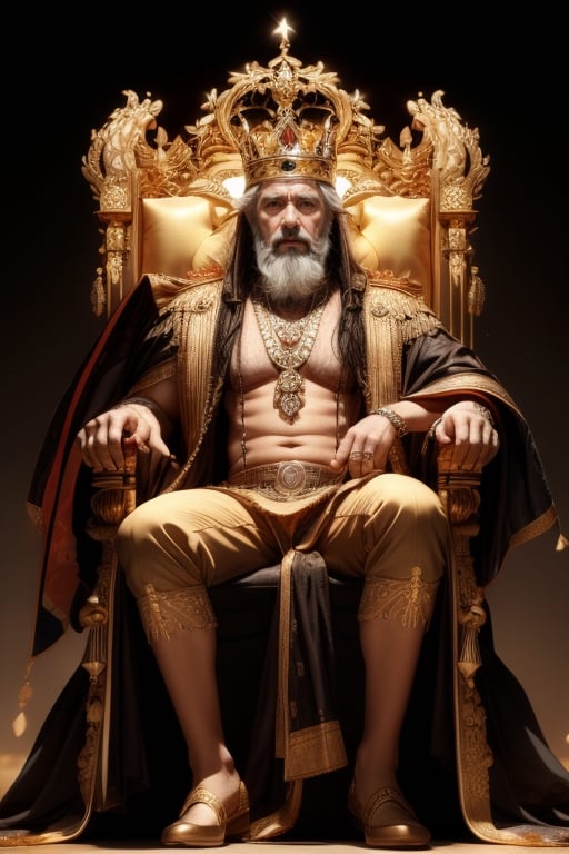 a white bearded old Mali dark skin king on a throne of golden lion