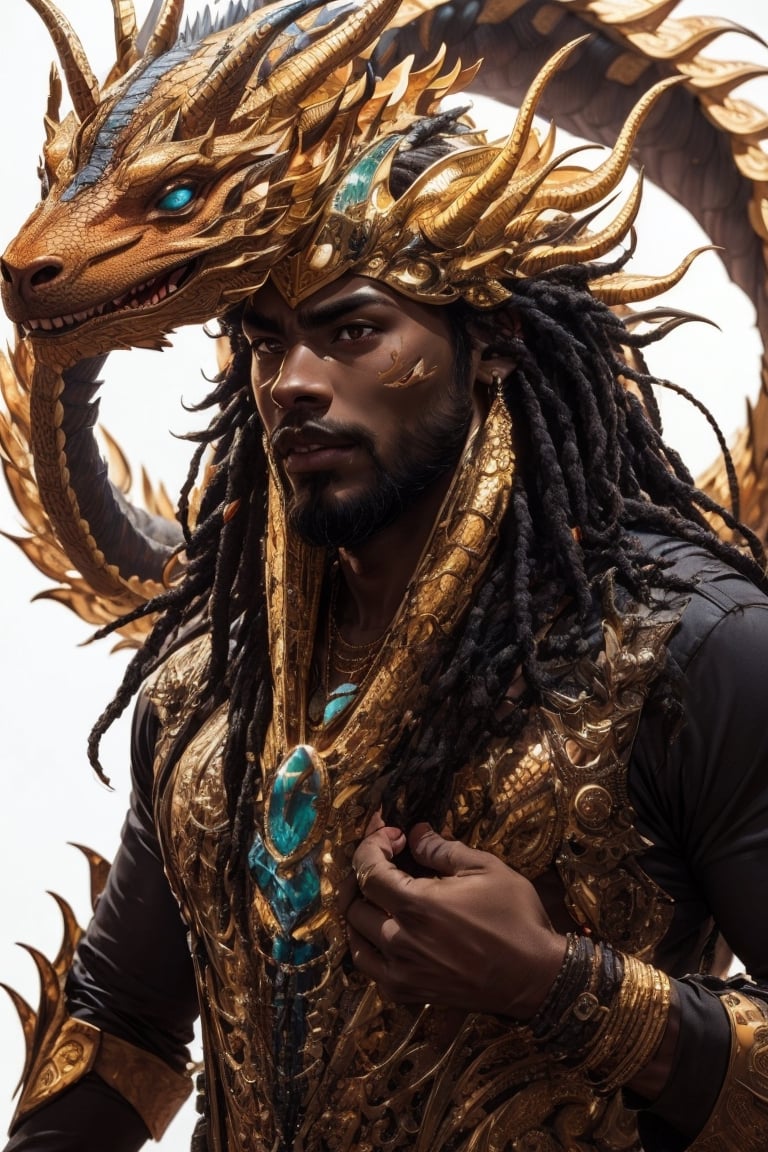 dark skin bearded dreadlocks African god Carries the head of a severed dragon in his hands 