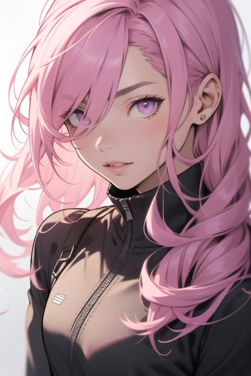 MILF, high detail, cartoon style, thick outlines, huge breasts, plump, full lips, light pink hair, hair covering one eye, long hair, purple eyes,