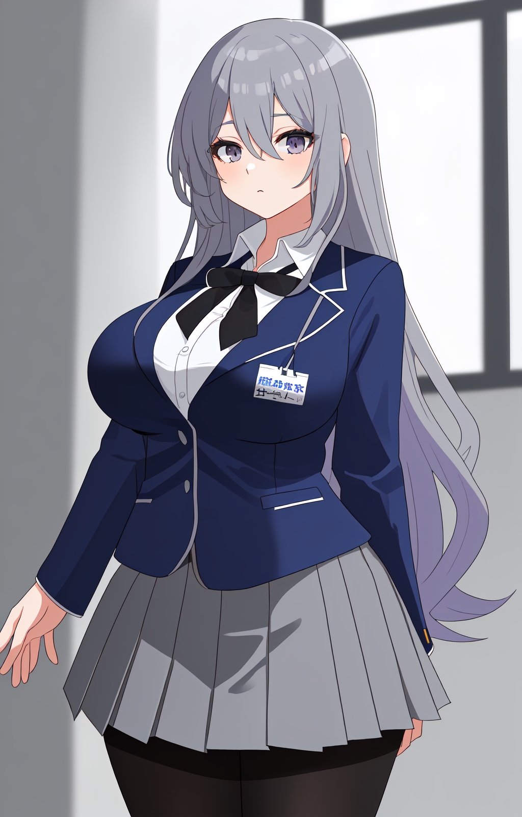 long hair, greyish purple hair, hair between eyes, big_breast, wide hips, (school uniform, blue jacket, white shirt, black tie:1.3), (pleated skirt, grey skirt, black pantyhose:1.3)