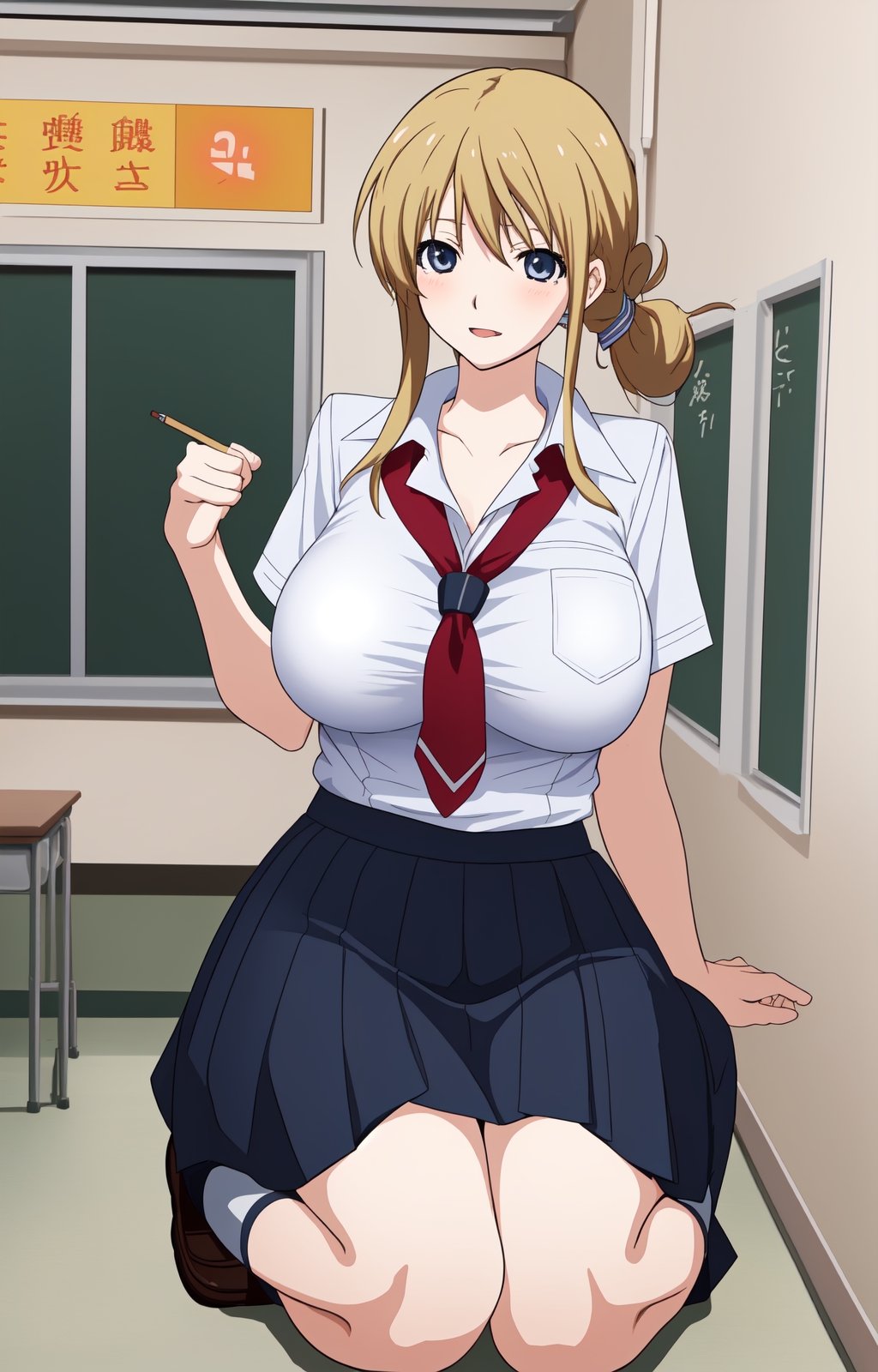 anime_hair, school_girl, school_uniforms, schoolgirl, big_breasts, hair tied, long skirt, manga, whole body