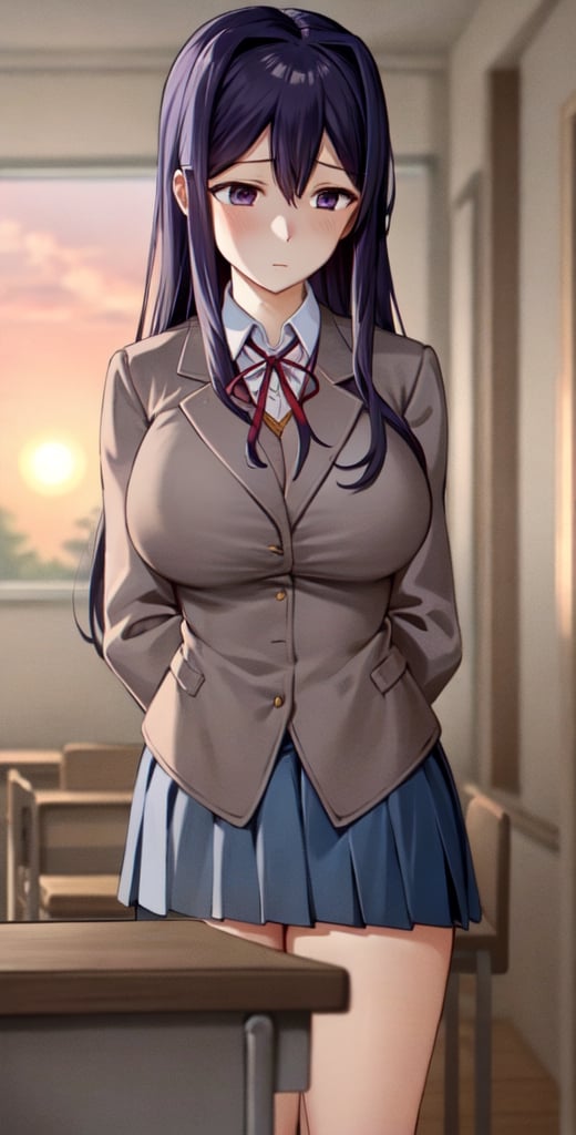 yuri, large breasts, pleated skirt, shy, looking away, grey jacket, in classroom, sunset