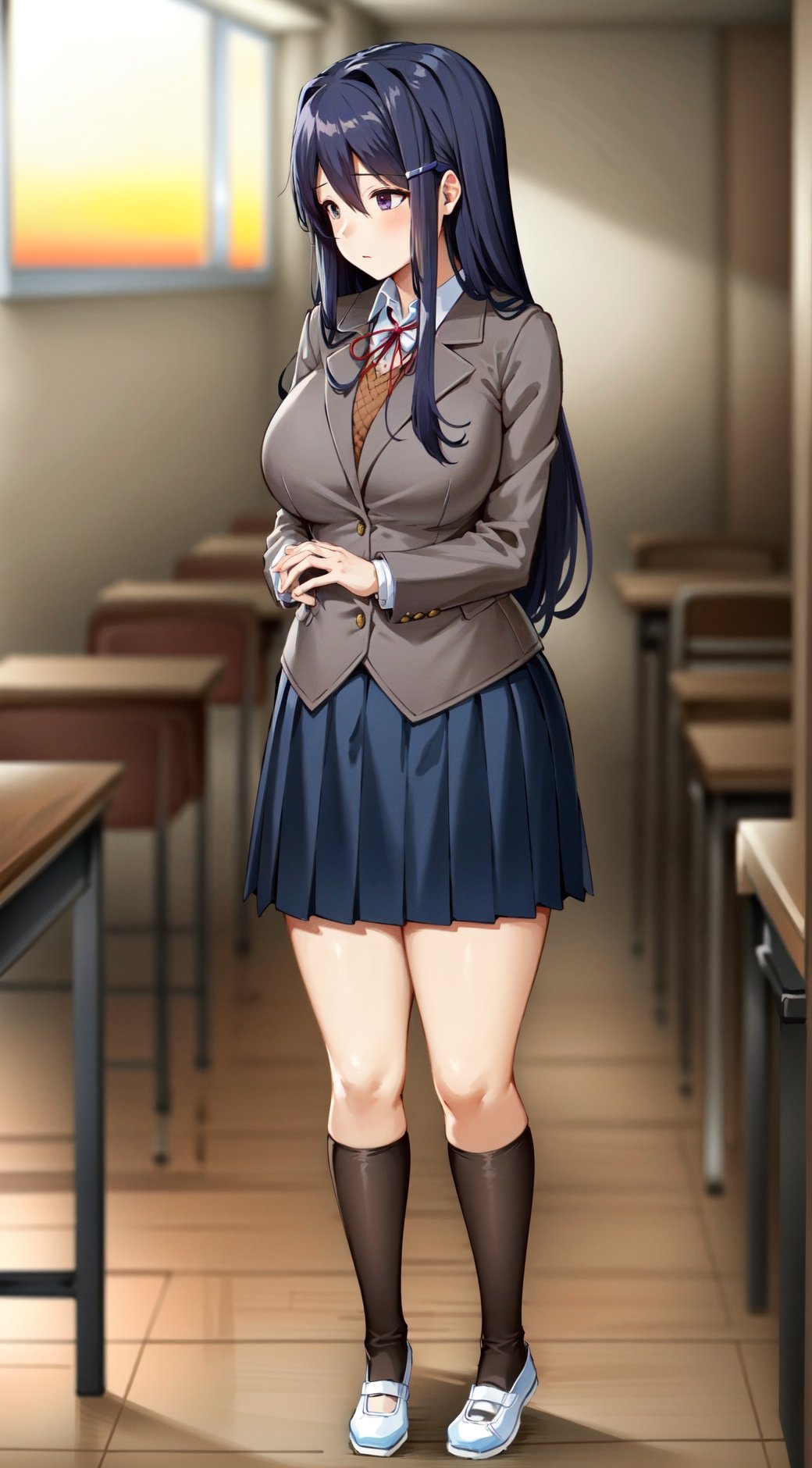 yuri, large breasts, pleated skirt, shy, looking away, grey jacket, in classroom, sunset, school_uniforms, uniforms, long skirt, full body, whole body, chubby, sexy, perfect hands