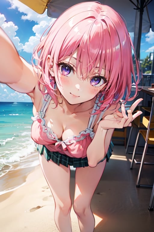 best quality, masterpiece, (realistic:1.2), (beach), (tank top, mini skirt, scrunchie, underwear), (focus cleavage:1.3), (seductive smile), (spoken heart), (upturned eyes), {{{{8k wallpaper}}}}, {{{{extremely detailed eyes}}}}, {{{{extremely detailed body}}}}, {{{{extremely detailed finger}}}},(((best quality))), ((official art)), (best anatomy), solo, 1girl, (kawaii), (five digits), (speculum), (4k), (high resolution), ((thin waist)),(nabel),(Beautiful breasts),(beautiful leg:1.3),(skinny leg),(beautiful hands:1.2),(teats),(very slim),(slender:1.2),(ribbed),(skinny limbs),(beautiful vagina:1.3),(beautidful eyes:1.1), (((Beautiful face:1.5))),(best quality:1.1), (masterpiece:1.4), (absurdres:1.0), portrait, close up,1girl, bob cut, medium hair ,pink hair, bob cut,purple eyes, ( pink under hair:1.3), ((((medium breasts:1.5)))), (blush:1.2), ((small hip)), medium hair, pink hair, disheveled hair,(20 years old)