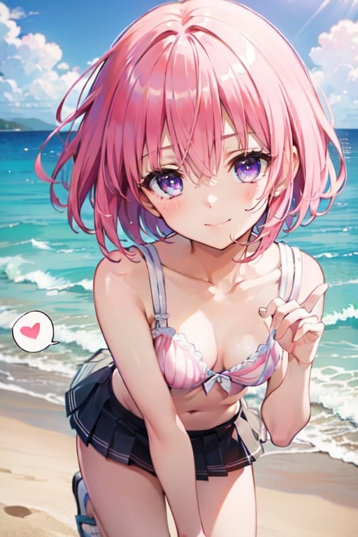 best quality, masterpiece, (realistic:1.2), (beach), (tank top, mini skirt, scrunchie, underwear), (seductive smile), (spoken heart), (upturned eyes), {{{{8k wallpaper}}}}, {{{{extremely detailed eyes}}}}, {{{{extremely detailed body}}}}, {{{{extremely detailed finger}}}},(((best quality))), ((official art)), (best anatomy), solo, 1girl, (kawaii), (five digits), (speculum), (4k), (high resolution), ((thin waist)),(nabel),(Beautiful breasts),(beautiful leg:1.3),(skinny leg),(beautiful hands:1.2),(teats),(very slim),(slender:1.2),(ribbed),(skinny limbs),(beautiful vagina:1.3),(beautidful eyes:1.1), (((Beautiful face:1.5))),(best quality:1.1), (masterpiece:1.4), (absurdres:1.0), portrait, close up,1girl, bob cut, medium hair ,pink hair, bob cut,purple eyes, ( pink under hair:1.3), ((((medium breasts:1.5)))), (blush:1.2), ((small hip)), medium hair, pink hair, disheveled hair,(20 years old)