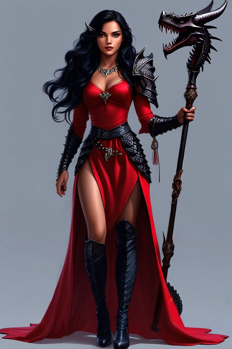 Sorceress of Latin origin, long wavy black hair, fair skin, blue eyes, wearing a red dress and tunic made with the skin of a black dragon and black high-heeled boots, holding a dragon skull staff, hyper-realistic high-fidelity portrait emphasizing maximum beauty and aesthetic standards.  \(ek_ges1ba\) warrior \(detailed exquisite face\),ek_game_3ffect