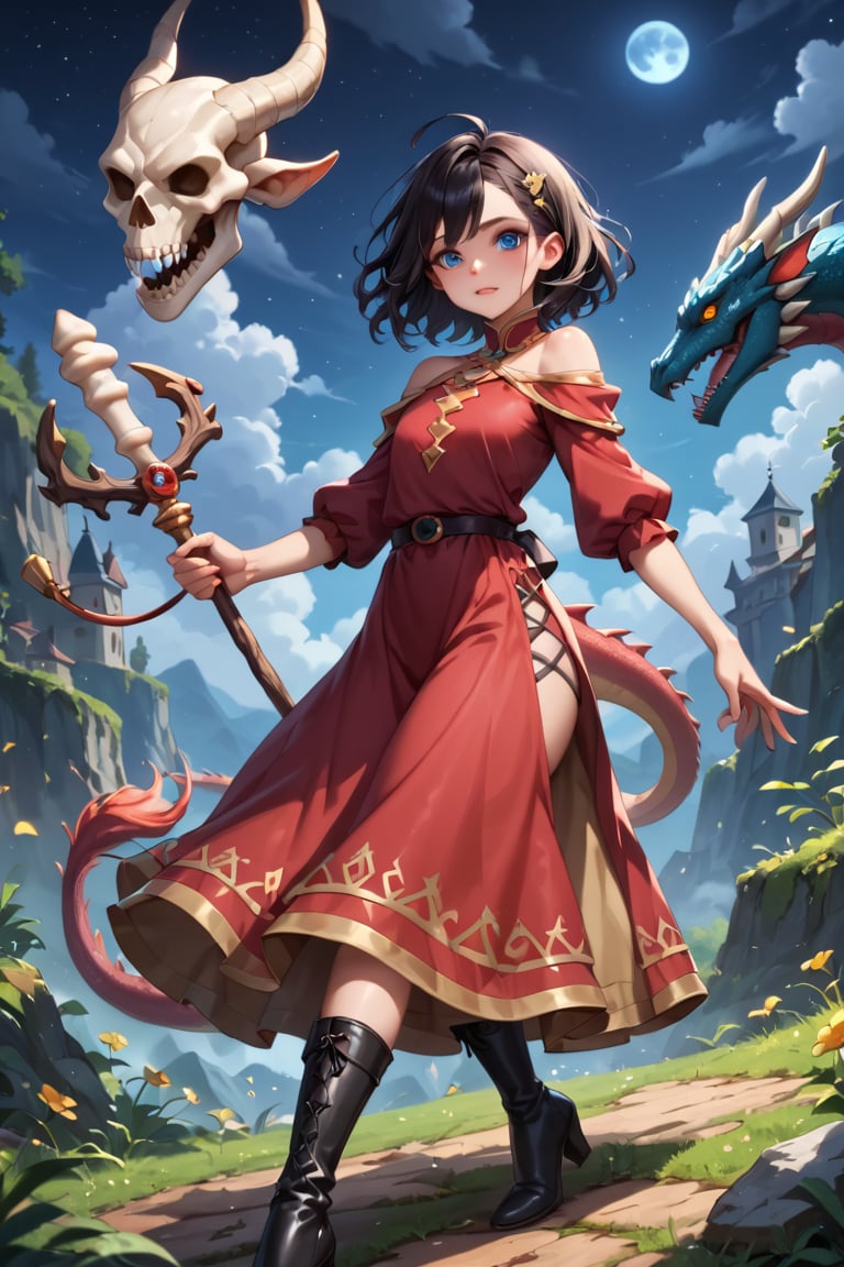 score_9, score_8_up, score_7_up, score_6_up, BREAK source_cartoon, Young sorceress of Latin origin, long wavy black hair, fair skin, blue eyes, wearing a red dress, a tunic made with the skin of a black dragon and black high-heeled boots, holding a dragon bone staff with a dragon skull on top, in the background a fantasy starry night, high fidelity hyper realistic portrait emphasizing maximum beauty and aesthetic standards