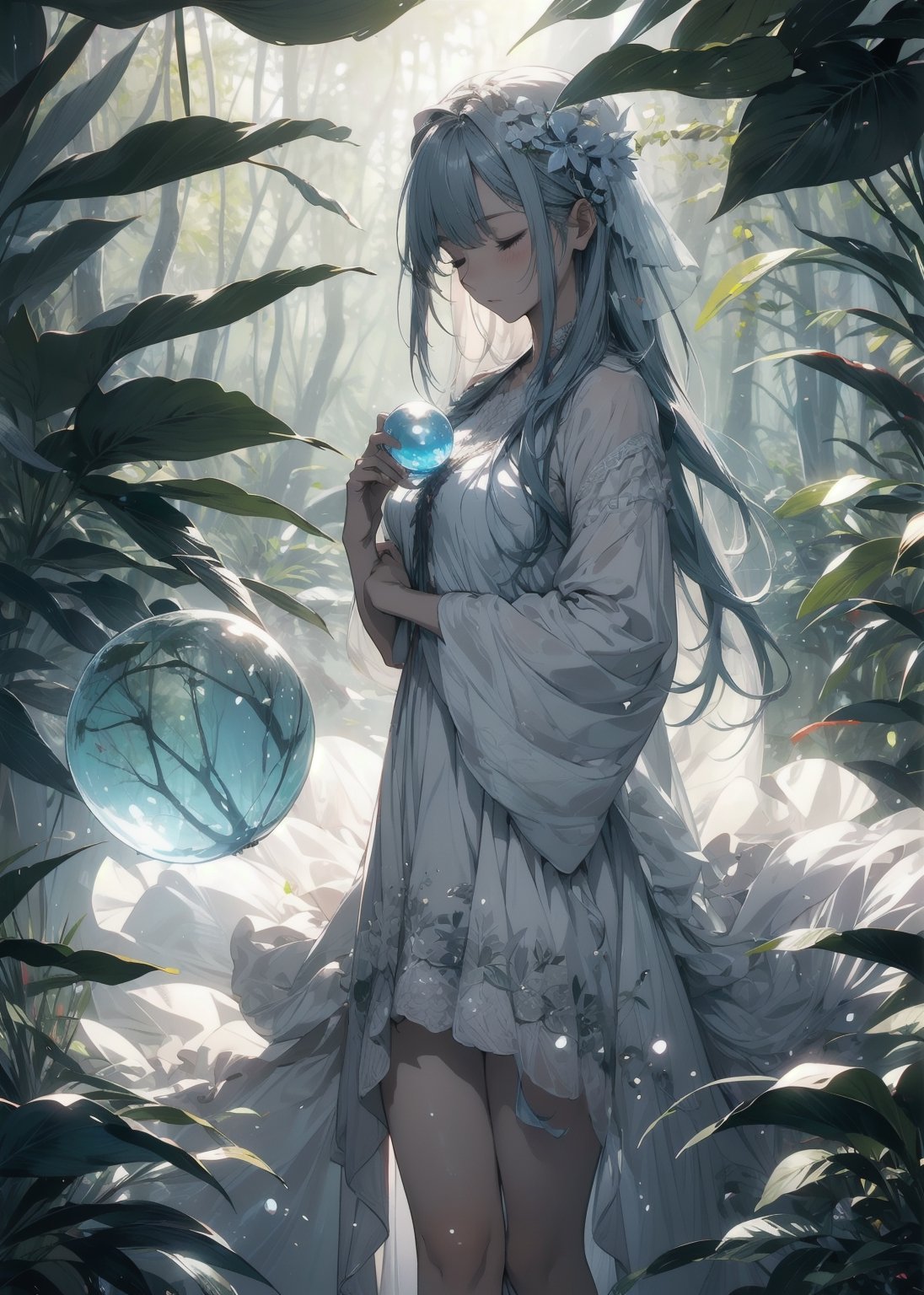 A fairy with closed eyes, long hair to the floor, barefoot, white skin, leaf-textured forest dress, holding a round transparent ball, forest background, low indirect lighting, cinematic, full_body,nindi,



