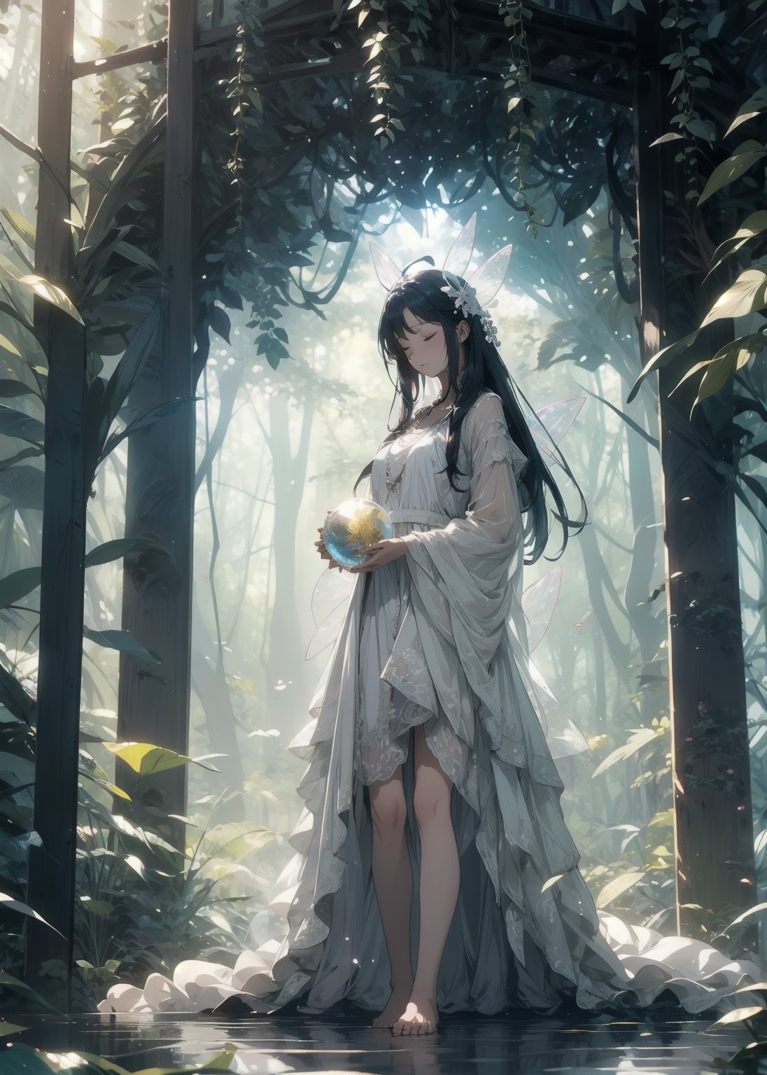 A fairy with closed eyes, long hair to the floor, barefoot, white skin, leaf-textured forest dress, holding a round transparent ball, forest background, low indirect lighting, cinematic, full_body,nindi,



