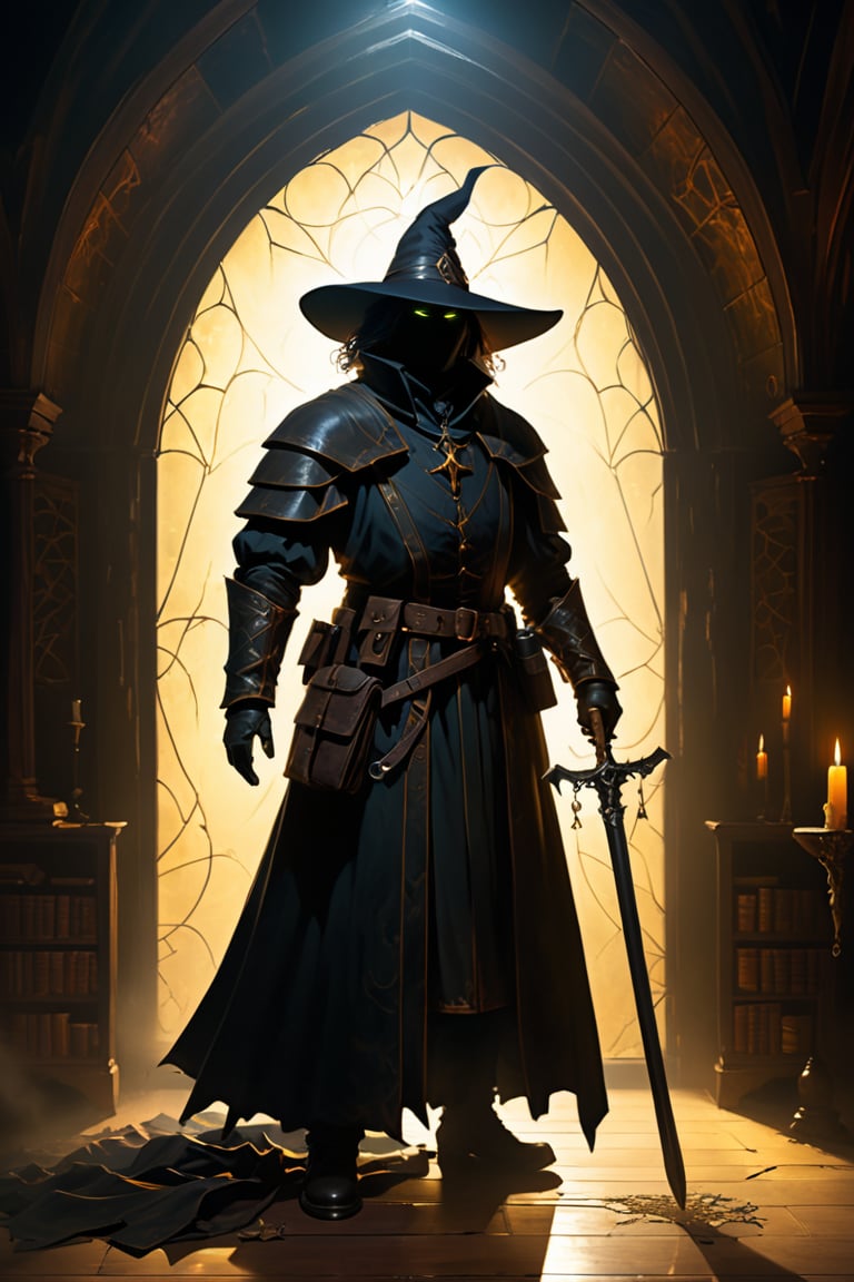 Here's an expanded description with the addition of a witch hunter:

Amidst the eerie ambiance of the room, a witch hunter stands vigilantly, his silhouette cast in flickering candlelight. Dressed in worn leather armor adorned with protective sigils, he surveys the scene with sharp, discerning eyes. His gauntleted hands grip a silvered blade, its edge gleaming faintly with a supernatural aura.

Around him, broken and dusty furniture bears claw marks and scratches, evidence of past struggles with otherworldly entities. Cracked mirrors reflect distorted images, sometimes revealing fleeting glimpses of spectral apparitions that haunt the room. The floorboards creak underfoot, echoing through the oppressive silence that hangs thick in the air.

Cobwebs hang like spectral drapes from the ceiling corners, their delicate strands trembling in the cold drafts that send shivers down the witch hunter's spine. Old, yellowed photographs on the walls depict faces scratched out, their haunting absence adding to the palpable tension. Paintings with eyes seem to follow his every move, unsettling him as he navigates the room's cryptic symbols etched into the spines of ancient tomes stacked haphazardly on a nearby table.

Amidst the faint, lingering smell of decay or sulfur, the witch hunter remains steadfast, a beacon of resolve against the encroaching darkness that seeks to ensnare unwary souls. His presence adds an air of grim determination, intensifying the chilling atmosphere within the room.