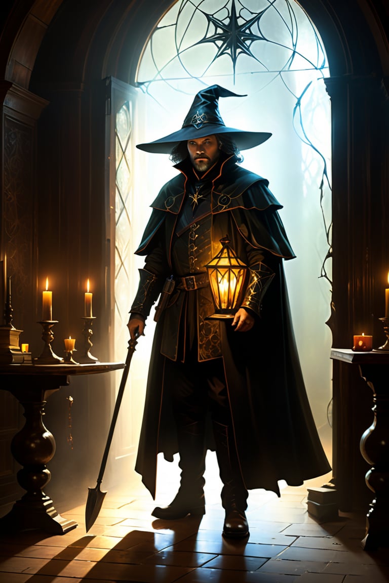 Here's an expanded description with the addition of a witch hunter:

Amidst the eerie ambiance of the room, a witch hunter stands vigilantly, his silhouette cast in flickering candlelight. Dressed in worn leather armor adorned with protective sigils, he surveys the scene with sharp, discerning eyes. His gauntleted hands grip a silvered blade, its edge gleaming faintly with a supernatural aura.

Around him, broken and dusty furniture bears claw marks and scratches, evidence of past struggles with otherworldly entities. Cracked mirrors reflect distorted images, sometimes revealing fleeting glimpses of spectral apparitions that haunt the room. The floorboards creak underfoot, echoing through the oppressive silence that hangs thick in the air.

Cobwebs hang like spectral drapes from the ceiling corners, their delicate strands trembling in the cold drafts that send shivers down the witch hunter's spine. Old, yellowed photographs on the walls depict faces scratched out, their haunting absence adding to the palpable tension. Paintings with eyes seem to follow his every move, unsettling him as he navigates the room's cryptic symbols etched into the spines of ancient tomes stacked haphazardly on a nearby table.

Amidst the faint, lingering smell of decay or sulfur, the witch hunter remains steadfast, a beacon of resolve against the encroaching darkness that seeks to ensnare unwary souls. His presence adds an air of grim determination, intensifying the chilling atmosphere within the room.