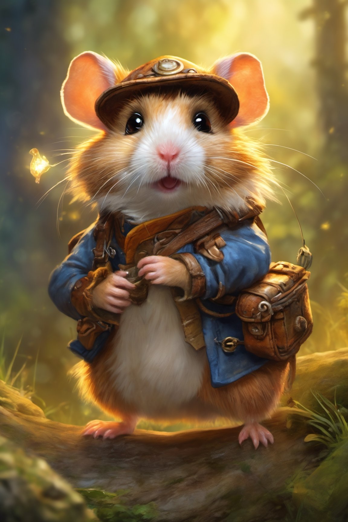 Hyper-detailed  painting, Jean-Baptiste Monge style, The cute little brave hamster is in the novice village, wearing adventurer clothes,, splash, glittering, cute and adorable, filigree, lights, fluffy, magic, surreal, fantasy, digital art, ultra hd, hyper-realistic illustration, vivid colors,  UHD, cinematic perfect light,greg rutkowski