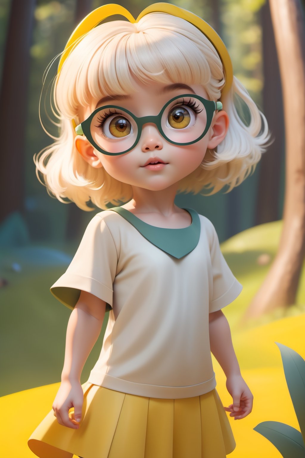 3d cartoon style, kid, 3 years old, girl, solo, big glasses shining in the sun, platinum blond hair, wavy bowl cut, yellow eyes, short height, yellow tunic, forest village background, hidden expression