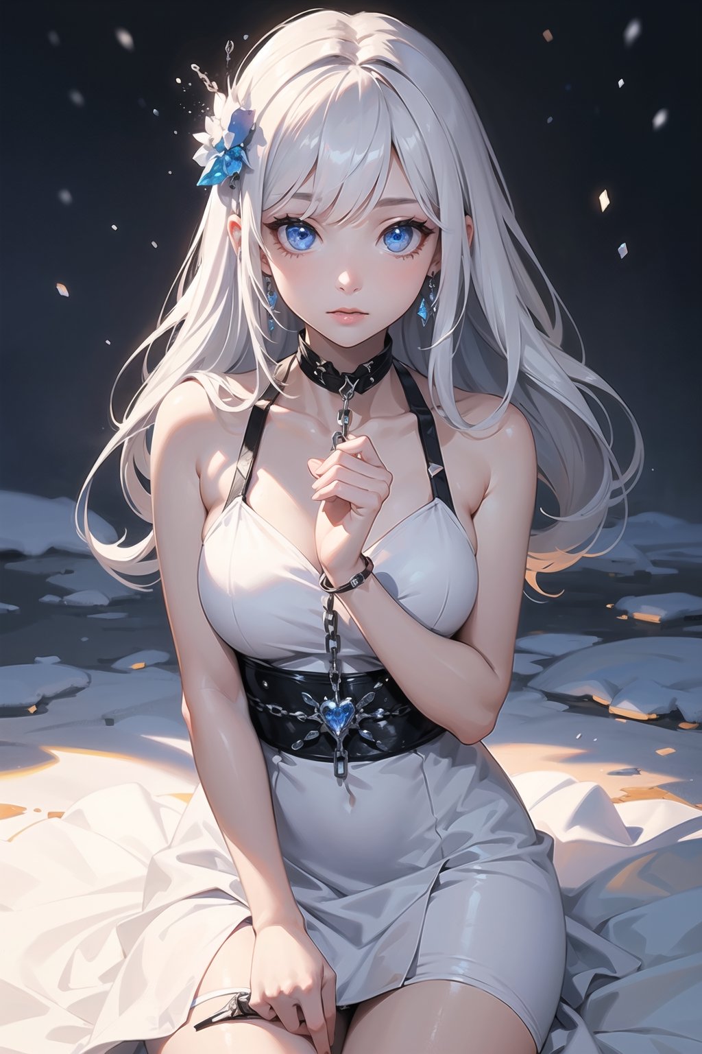 (masterpiece,best quality:1.5), vivid, vibrant ,1girl,  solo,  looking at viewer, crystalise eyes, ice, white dress, cystalise hair ornaments,  glowing,  chain, snow,  glowing eyes, snowy background, 