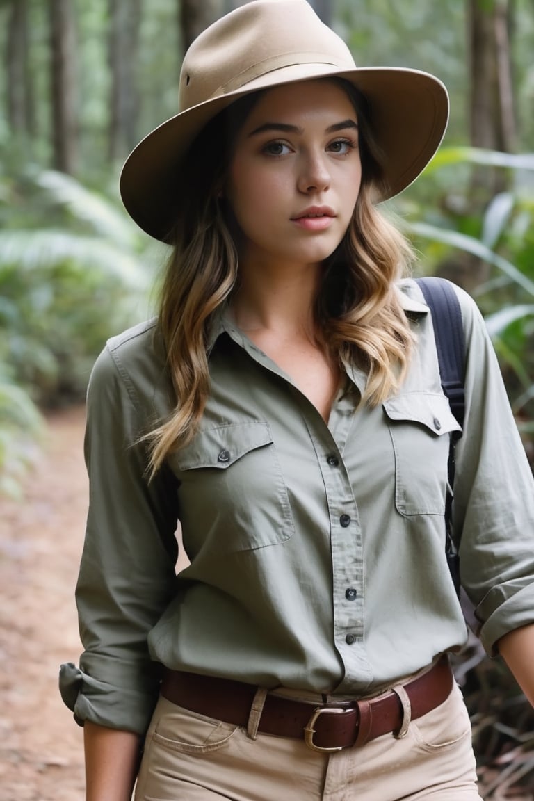 Extremly beautiful 25 year old woman, exploring the thick jungle, wearing kahki long sleeve button down shirt and shorts, sleeves rolled up, wearing hiking boots, wearing a old english safari helmet, blouse partially unbuttoned exposed cleavage, sexy, sultry,