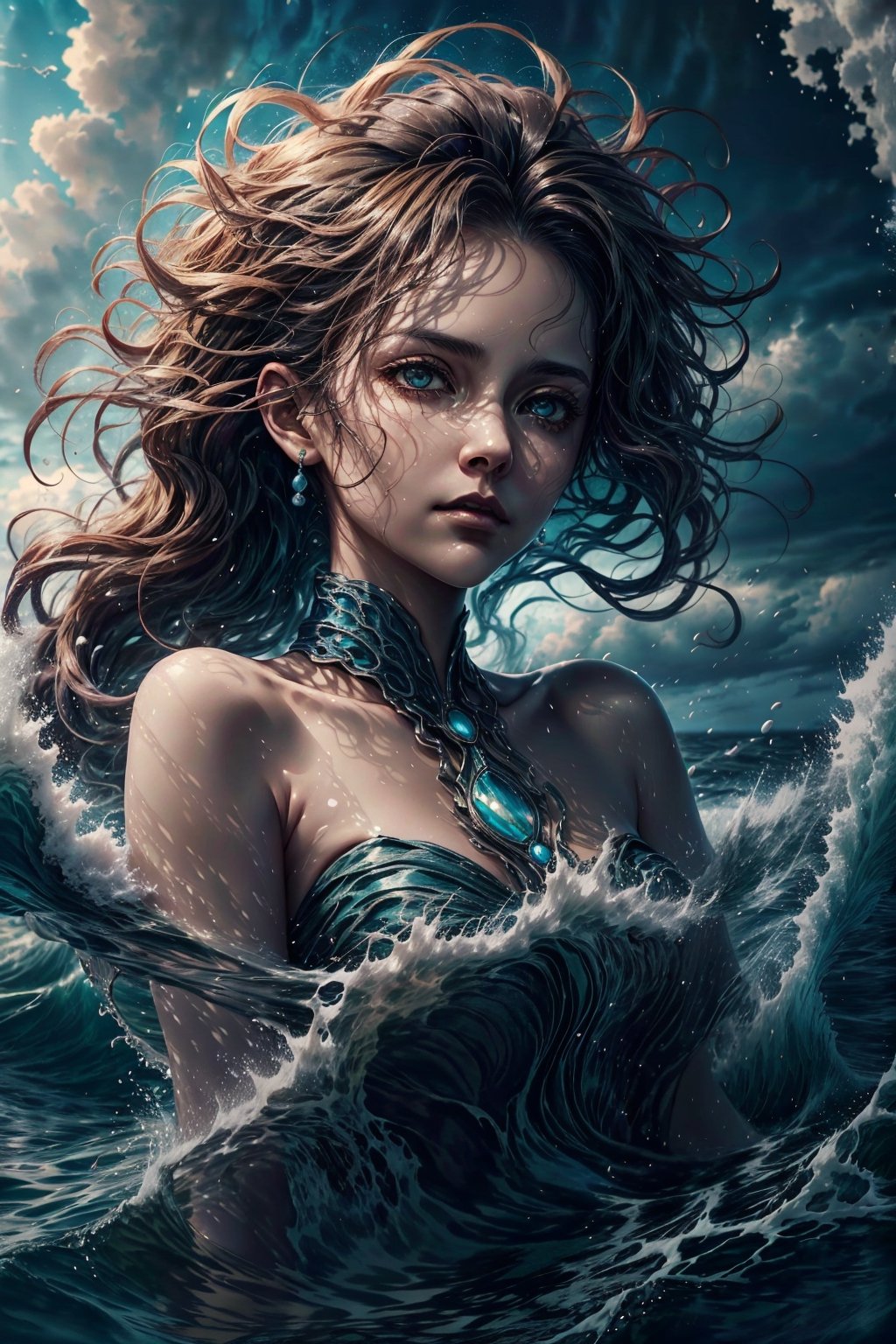 Amidst the tumultuous waves, the countenance of a beautiful woman emerges, her face framed by wind-whipped tendrils of hair. She gazes resolutely ahead, her eyes reflecting both the strength of the ocean and a quiet determination. Atop the colossal waves, an adventurous expedition ship valiantly presses forward, as if challenging the very forces of nature with its indomitable spirit. The scene unfolds in a dynamic dance of beauty, bravery, and the raw power of the untamed sea.,fantasy00d