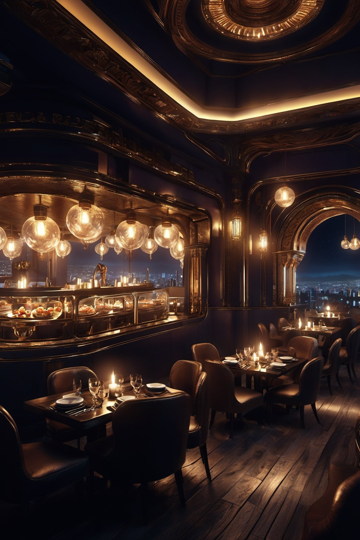 picture 8k,HQ, (best quality:1.5, hyperrealistic:1.5, photorealistic:1.4, masterpiece:1.3, madly detailed photo:1.2), midnight, night, amazing photo from Instagram((samos.mexicocity)) samos restaurant in Ritz Carlton, México City, futurecamisole, Renaissance Sci-Fi Fantasy,DonMn1ghtm4reXL, dark environment, warm light lamps,photo r3al