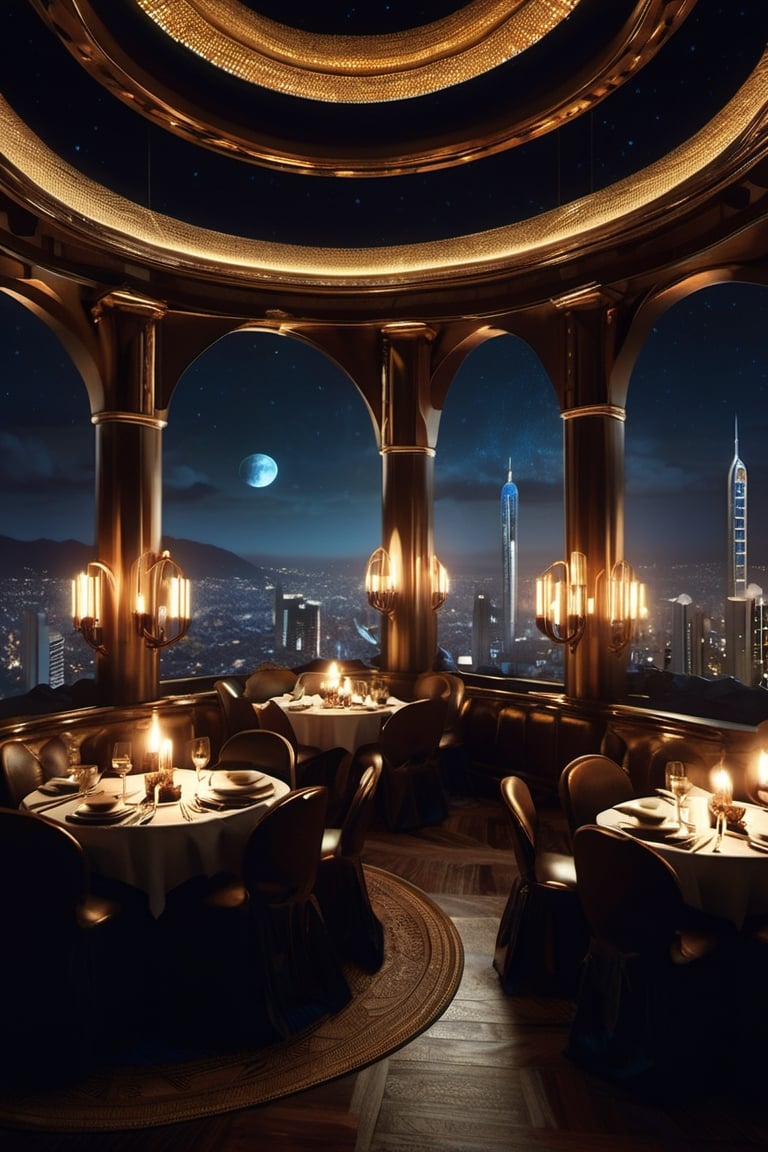 picture 8k,HQ, (best quality:1.5, hyperrealistic:1.5, photorealistic:1.4, masterpiece:1.3, madly detailed photo:1.2), midnight, night, amazing photo from Instagram((samos.mexicocity)) samos restaurant in Ritz Carlton, México City, futurecamisole, Renaissance Sci-Fi Fantasy,DonMn1ghtm4reXL, dark environment, warm light lamps