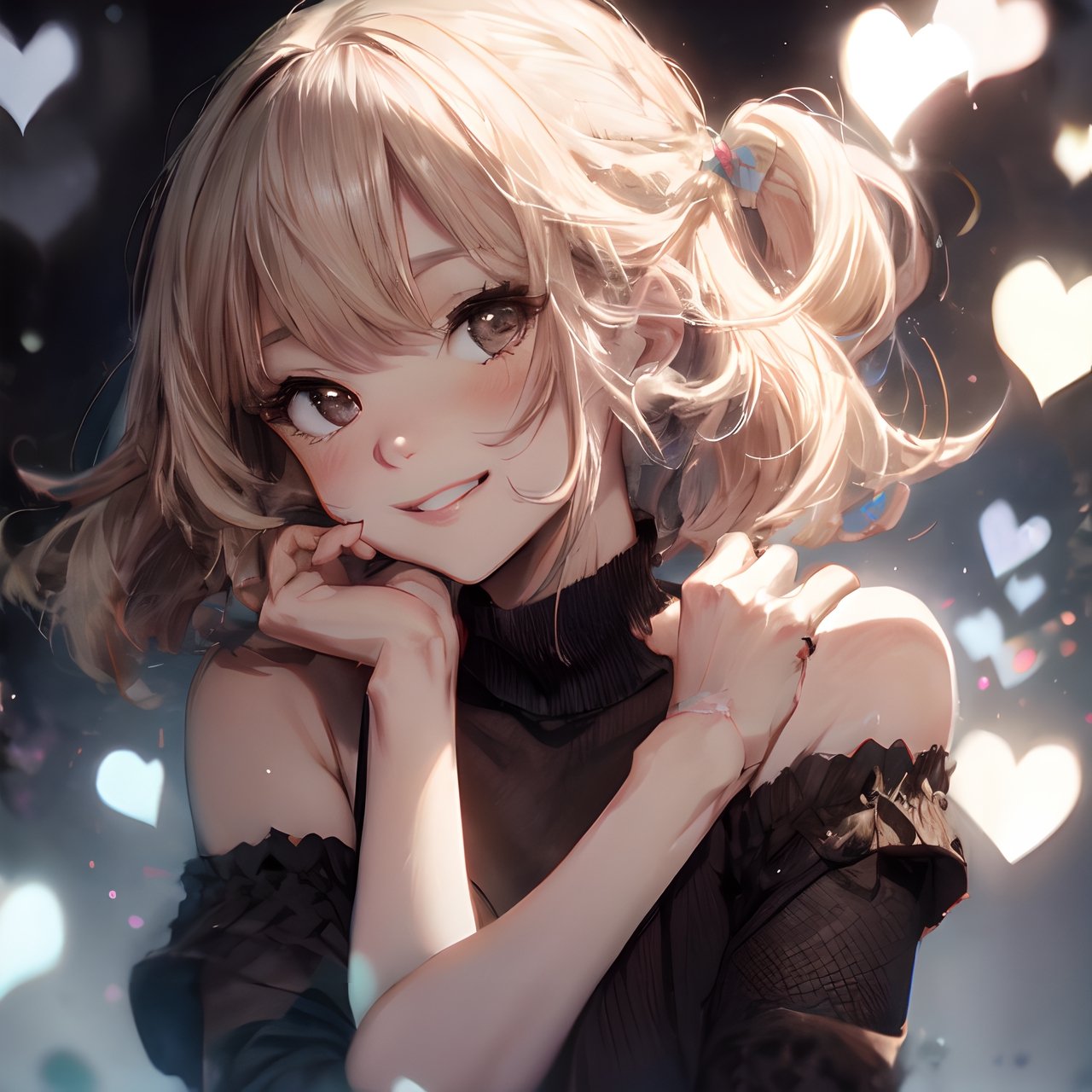 8k, voloptuous lips, ultra cute, smiling full of compassion, with love, incoming kiss, half opened mouth, half closed eyes, heart shaped pupils, very beautiful girl, blonde, short-bob style, blushed