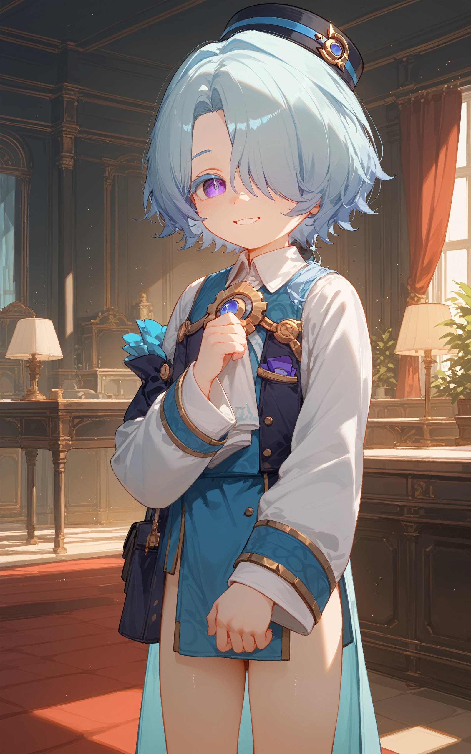 score_9, score_8_up, score_7_up, masterpiece, best quality, lots of details,Expressiveh,shota,solo,misha,light blue hair,hair over one eye,purple eyes,smile,hotel