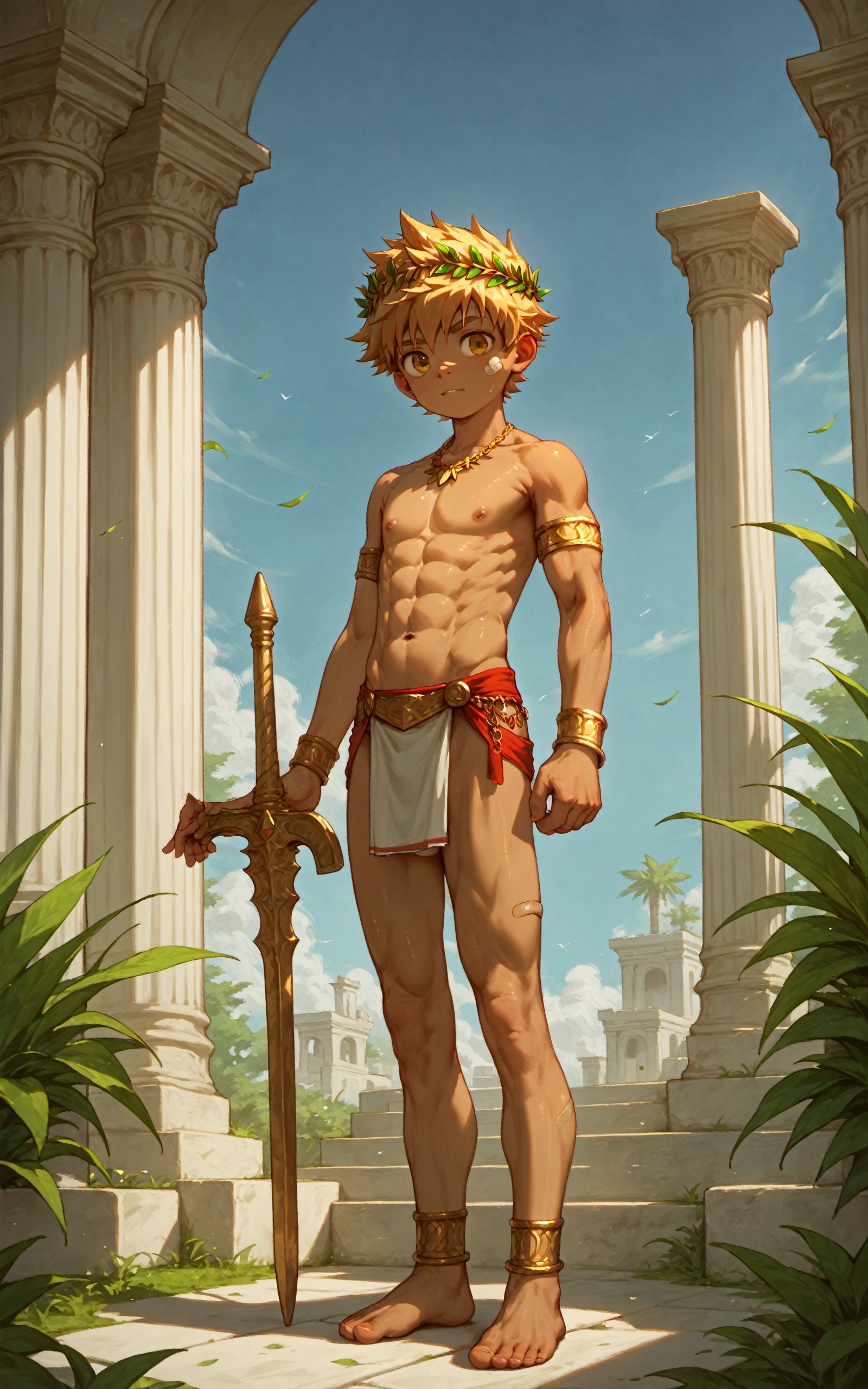 sscore_9, score_8_up, score_7_up, masterpiece, best quality, lots of details,solo,shota,slim,Mendez, bandaid,muscular,looking_at_viewer,yellow_hair,greek toe,laurel crown,armlet,
anklet,warrior,Expressiveh,brown_skin